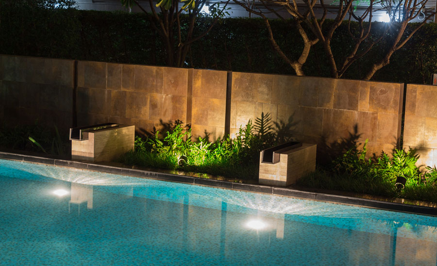 pool with lights at night